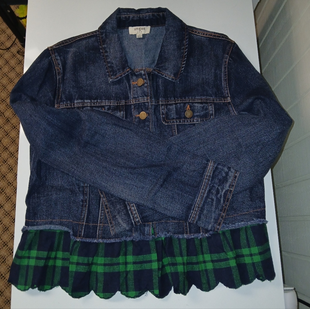 Umgee Denim Jacket with Green Plaid Trim